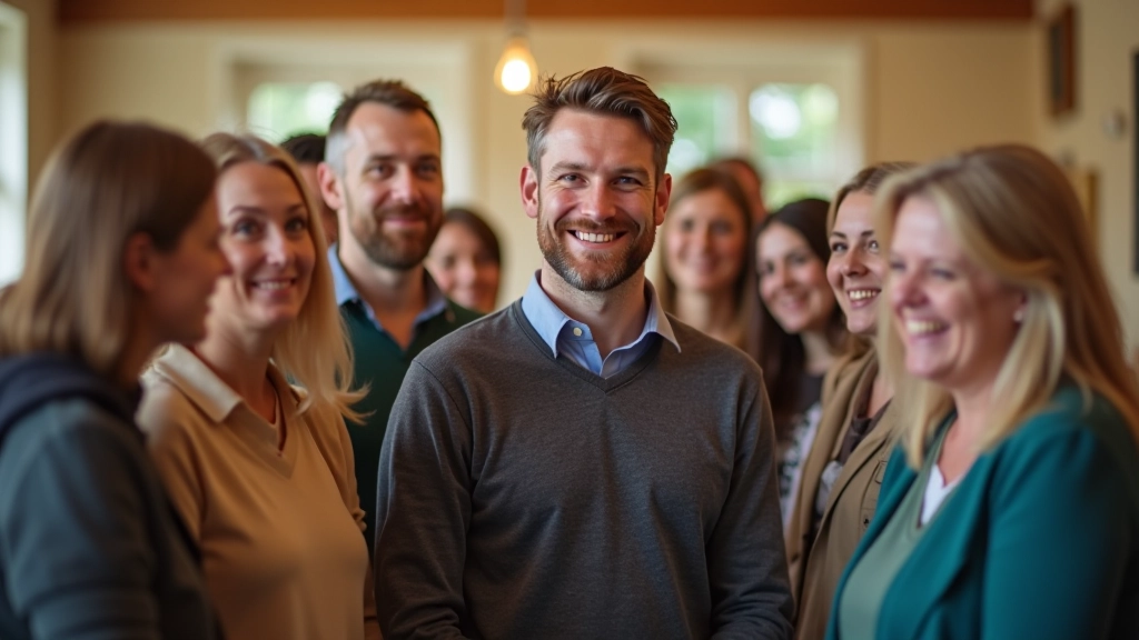 Community volunteers smiling together in Irish community centre