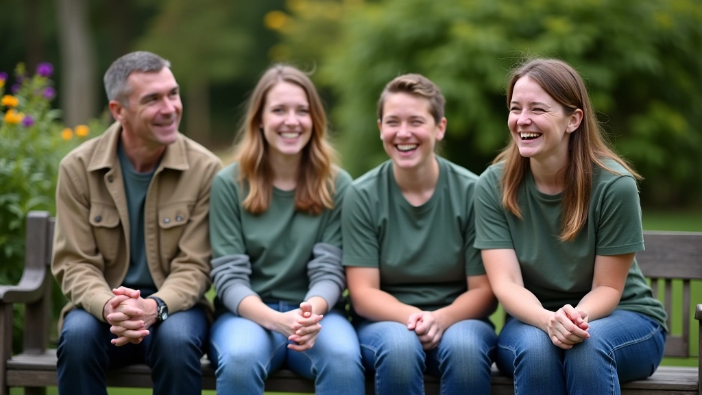 Group of four volunteers of mixed ages laughing together during break at community garden, natural sunlight, relaxed moment