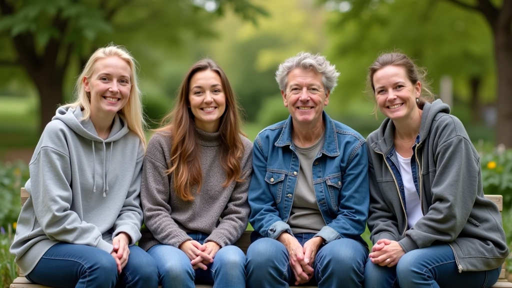 Group of four volunteers of mixed ages sitting together on wooden bench outdoors, smiling and laughing, natural daylight, community garden setting