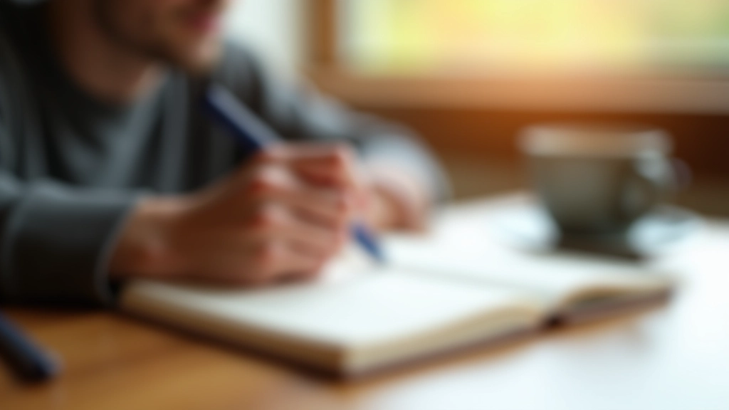 Overhead view of hands writing in open notebook with pen, cup of tea nearby, wooden table, warm natural lighting, peaceful setting