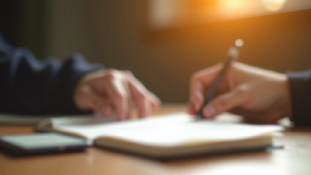 Hands writing notes in open notebook at desk with warm afternoon light, reflective moment