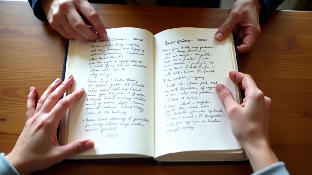 Close-up overhead view of two hands pointing at different sections of an open journal with sketches and handwritten notes, warm natural lighting