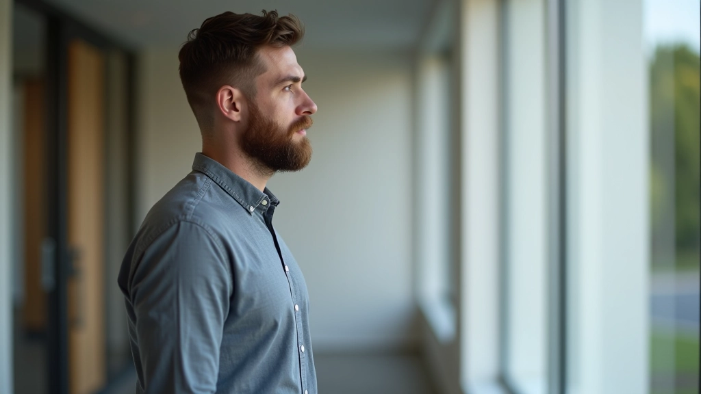 Person in casual clothing standing in community centre corridor looking thoughtful, natural indoor lighting, modern facility, peaceful moment