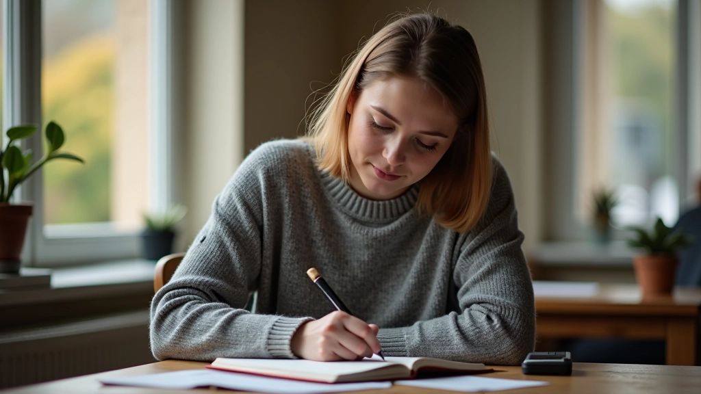 Person sitting at a wooden desk with a journal, pen in hand, warm afternoon light from window, peaceful workspace