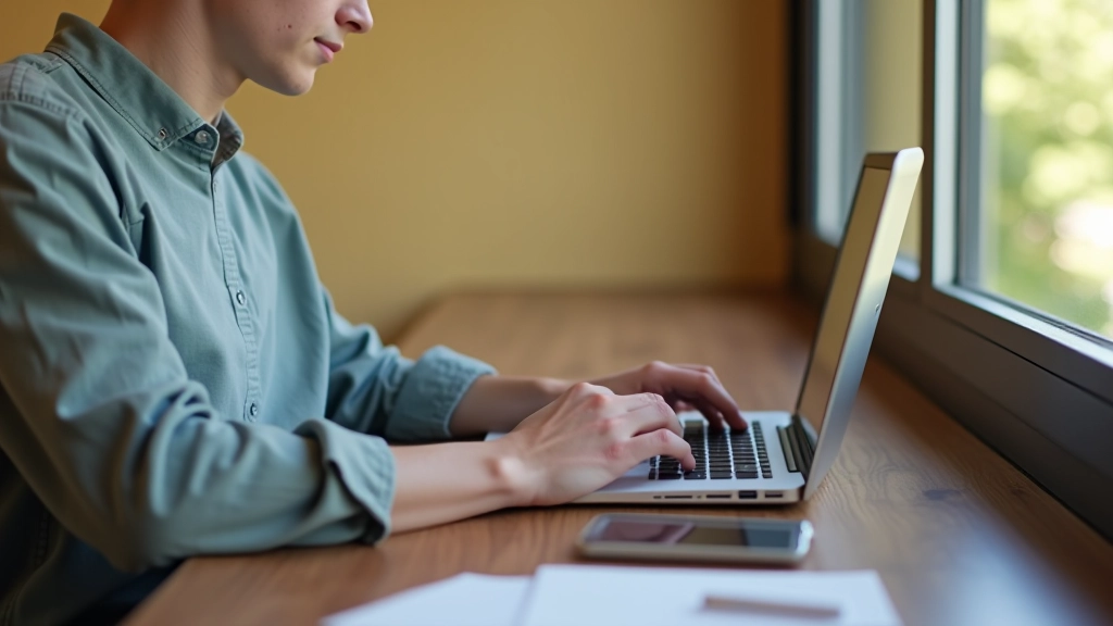 Person at wooden desk with laptop and notebook, searching volunteer opportunities online with warm natural lighting