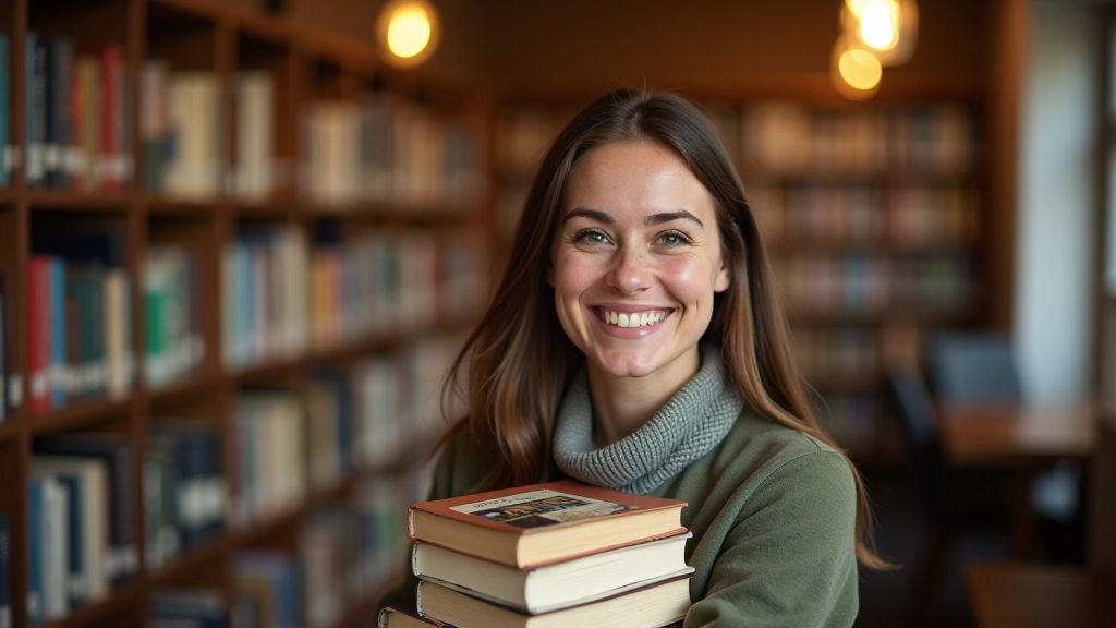 Portrait of woman smiling while holding books in a community library setting with shelves in background