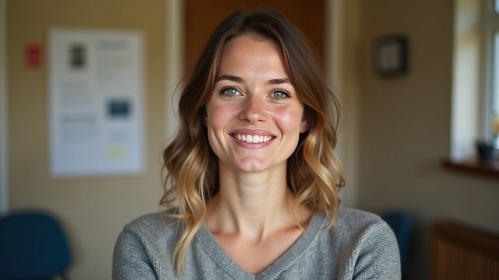 Person smiling confidently in community centre setting with bulletin board of volunteer opportunities visible in background