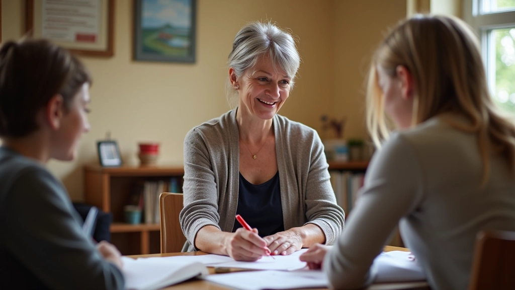 Older woman teaching younger person at table with books and materials, warm community setting, concentrated focus